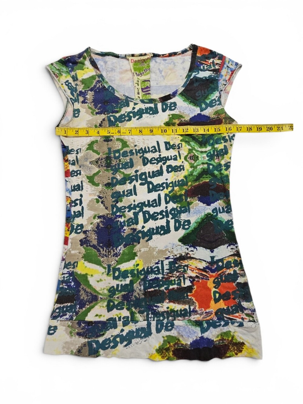 Desigual Cotton Cap Sleeve Printed Graphic Tee In Green Multi Size Small - Picture 5 of 6